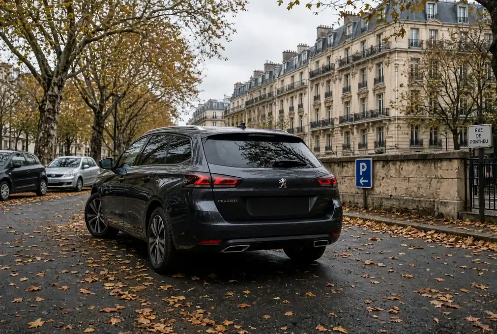Break gris foncé vu de dos, garé dans une rue bordée d’immeubles