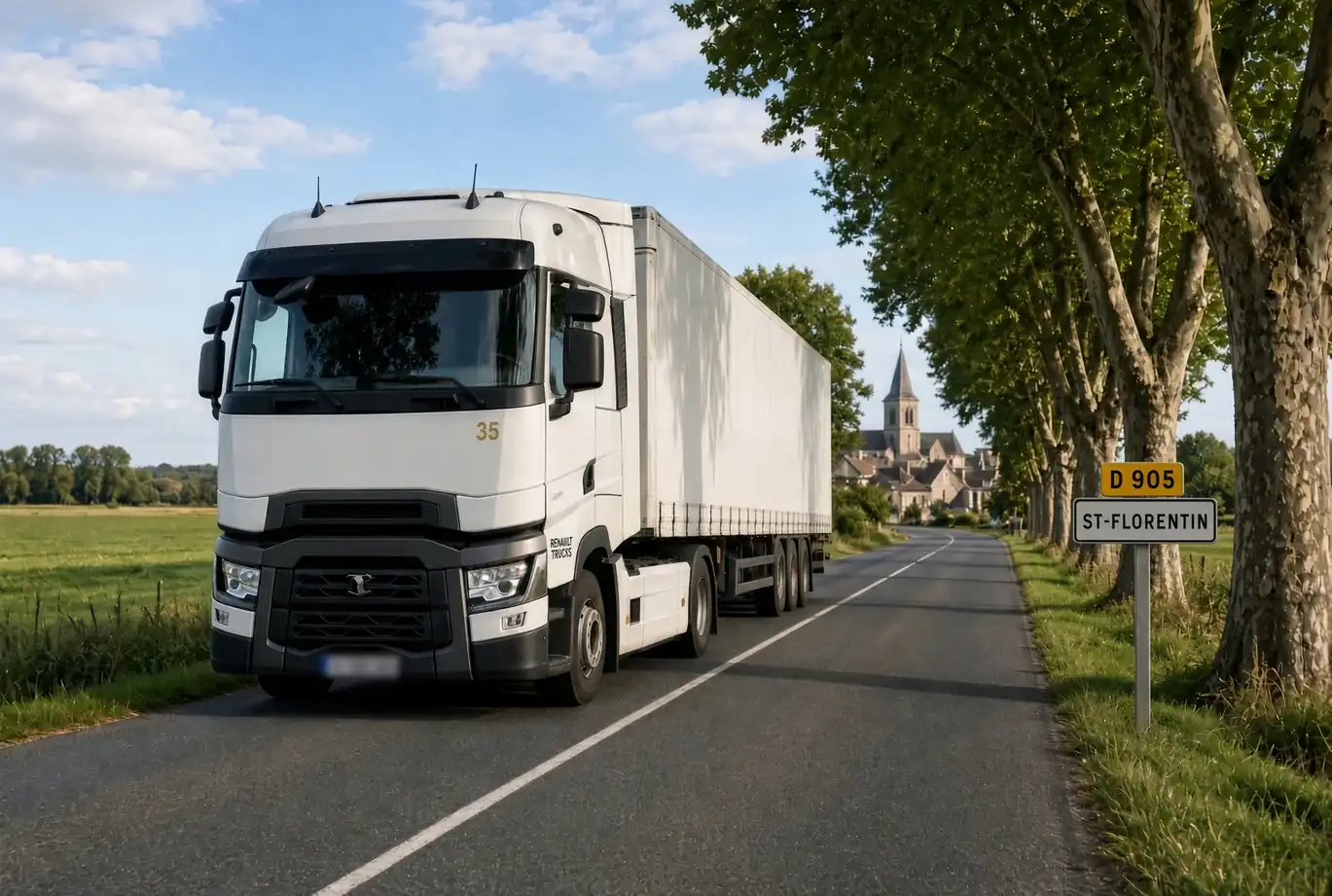 Poids lourd blanc avec semi-remorque sur une route
