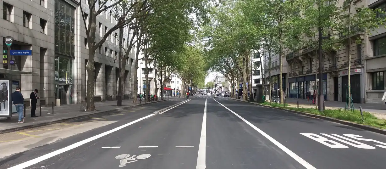 Boulevard parisien bordé de platanes, voie de bus