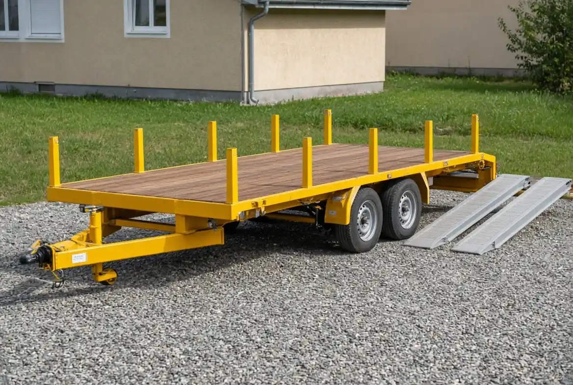 Remorque plateau jaune, plancher en bois et rampes de chargement