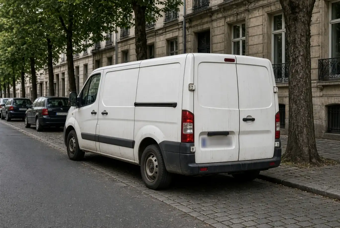 Utilitaire blanc vu de l’arrière, garé le long d’un trottoir pavé